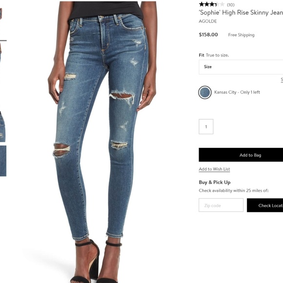 NWT Agolde Sophie High Rise Skinny Jeans Kansas City Size 27 Sold Out!
